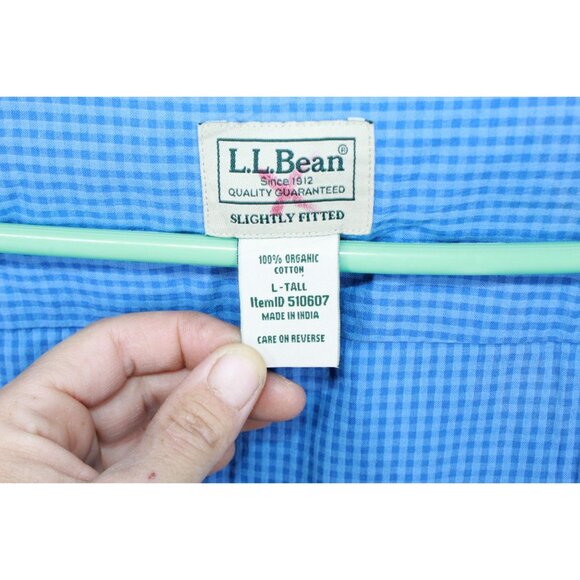 LL Bean Organic Cotton Seersucker Shirt Slightly Fitted Plaid Blue L Tall - Picture 8 of 11